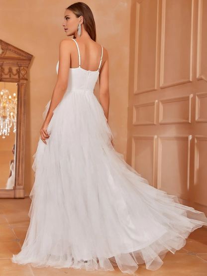 Elegant V-neck mesh veil layer thin shoulder strap and floor length wedding dress