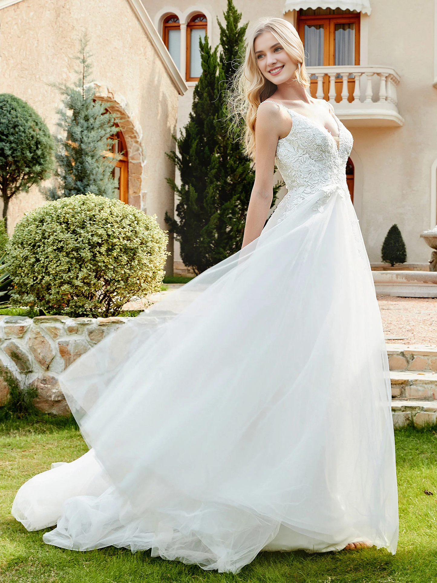 Lace chiffon pleated church trailing wedding dress