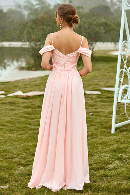 Ruffle powder blusher off shoulder long bridesmaid dress