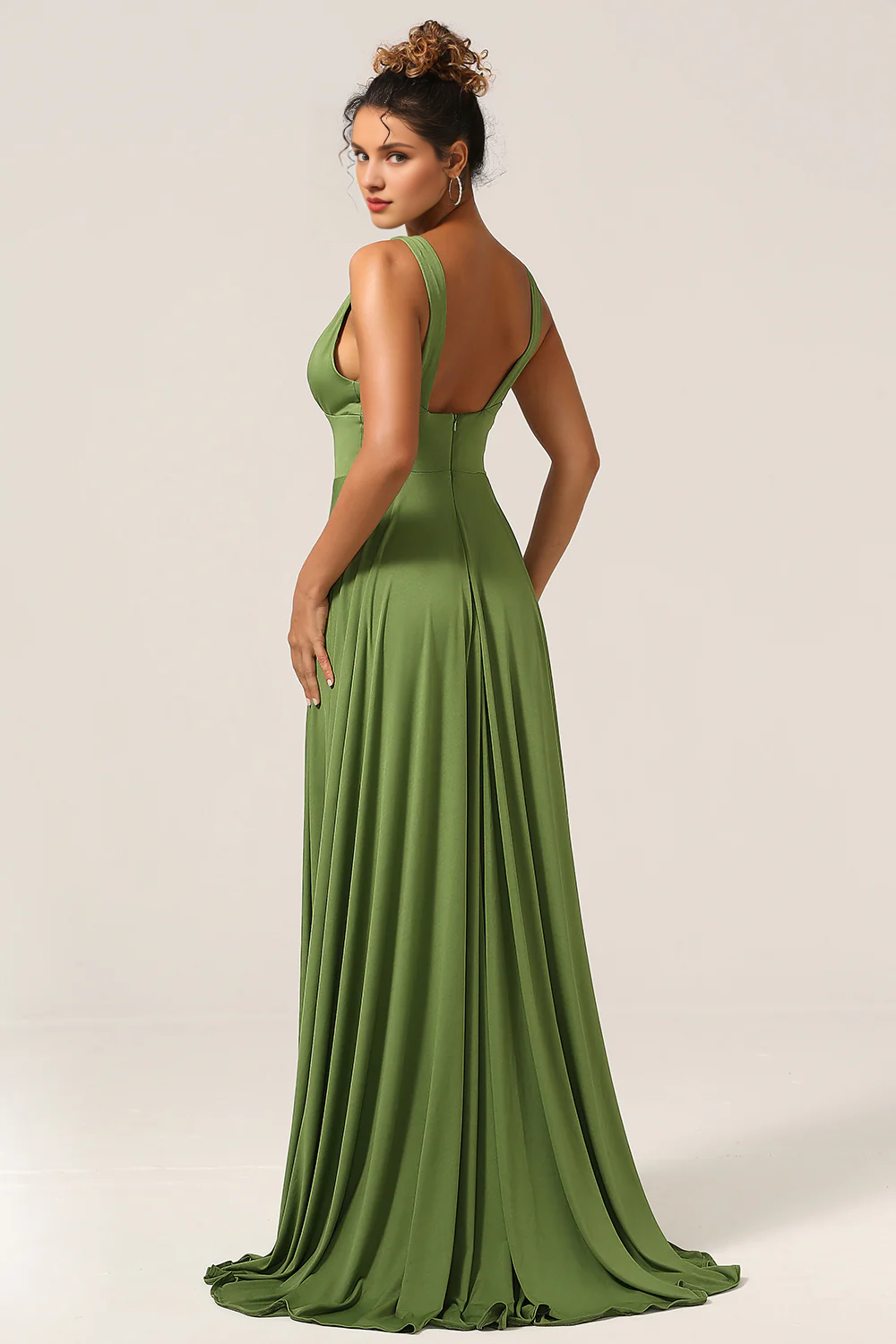 Olive A-line deep V-neck spandex and floor length slit bridesmaid dress