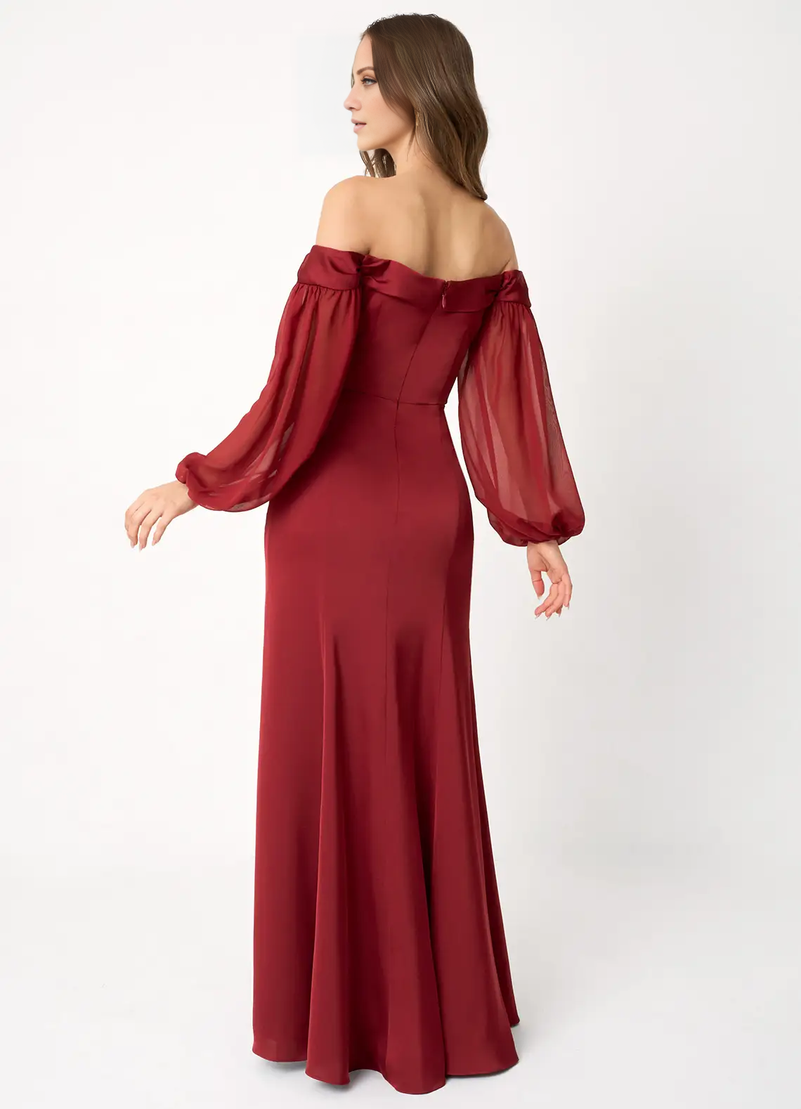 Off shoulder collar transparent bubble sleeves side slits and floor length evening gowns