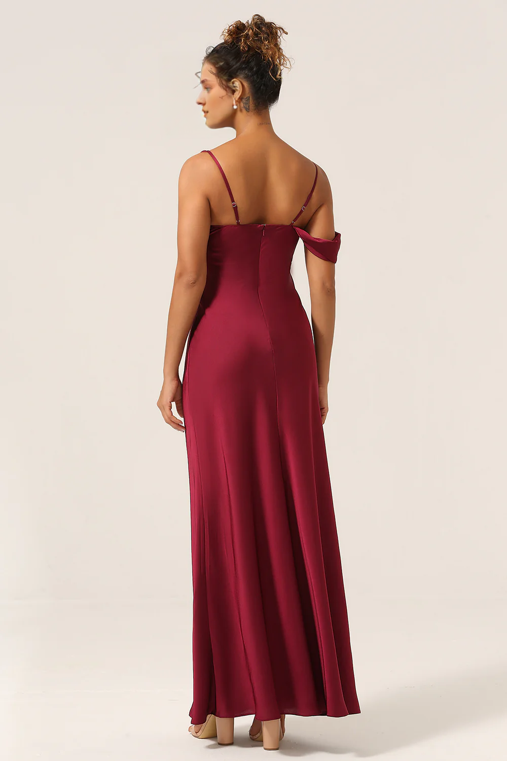 Cabemet fishtail floor length satin sleeveless bridesmaid dress