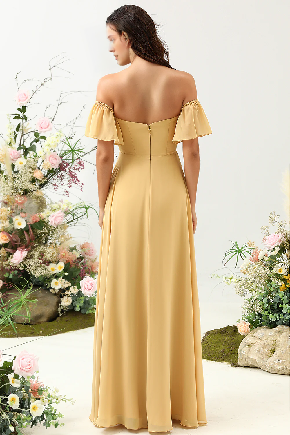 Yellow ruffled A-line shoulder chiffon long bridesmaid dress