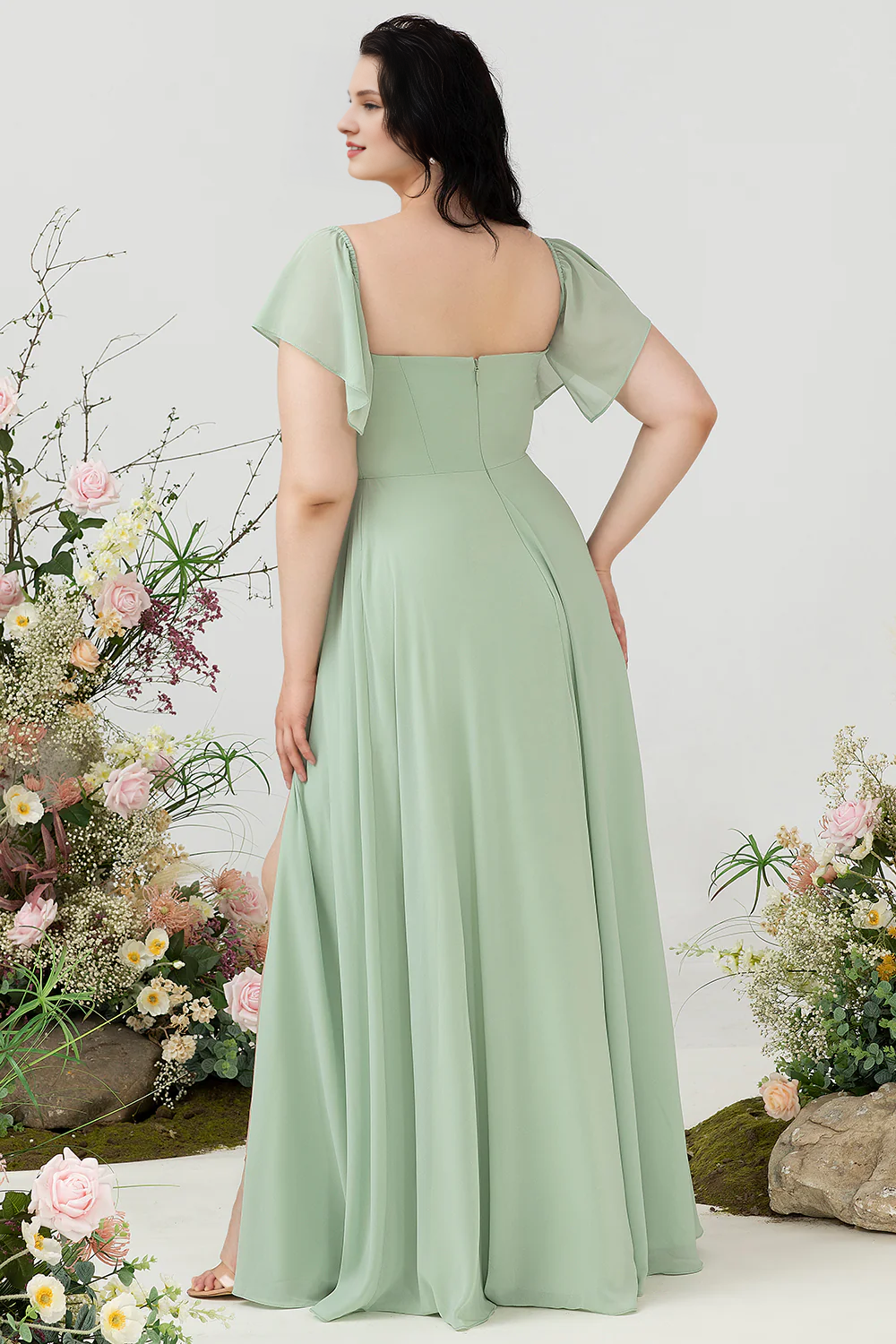 Green A-line shoulder length plus plus size ruffled polyester bridesmaid dress