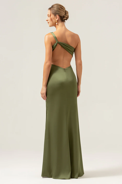 Elegant fish tail one shoulder pleated backless olive slit bridesmaid dress