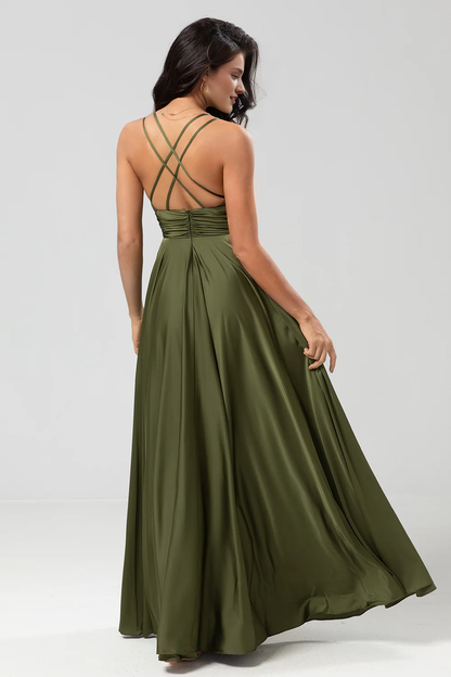 A-line thin shoulder strap and satin bridesmaid dress