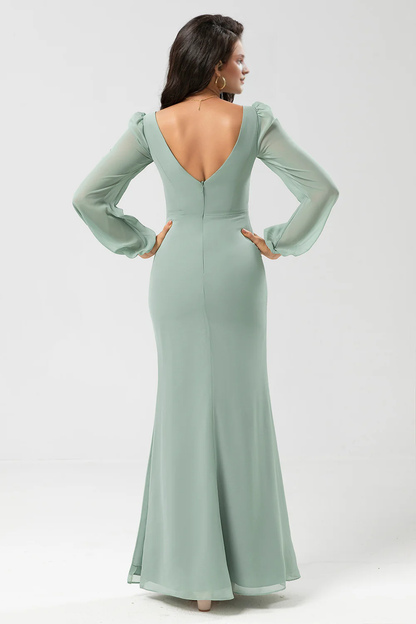 Matcha tight V-neck chiffon knot with slit long bridesmaid dress