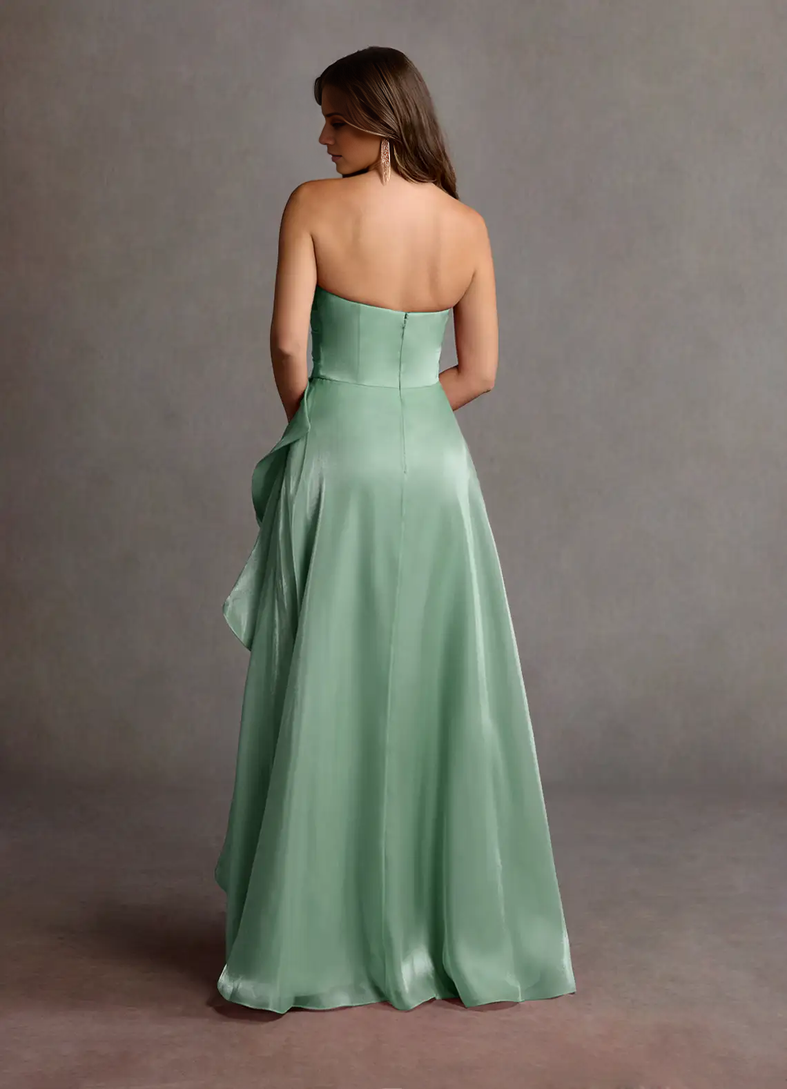 Strapless satin chiffon ruffles and floor length evening gowns