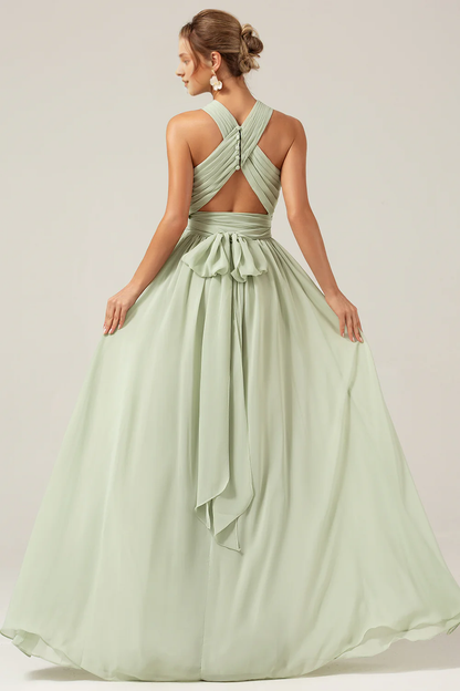 Dusty Sage A-line neck hanging pleated long bridesmaid dress