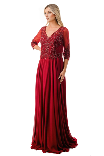 A-line chiffon bead embroidery 3/4 sleeve long dress for mother of the bride dress