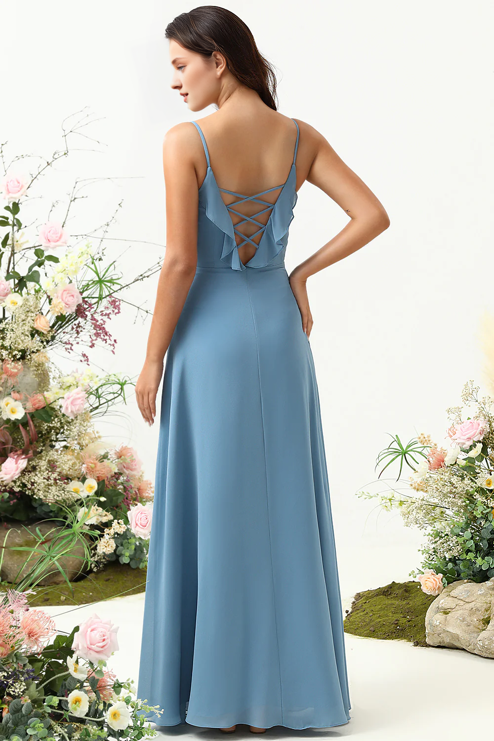 Grey blue A-line thin shoulder strap ruffled chiffon bridesmaid dress