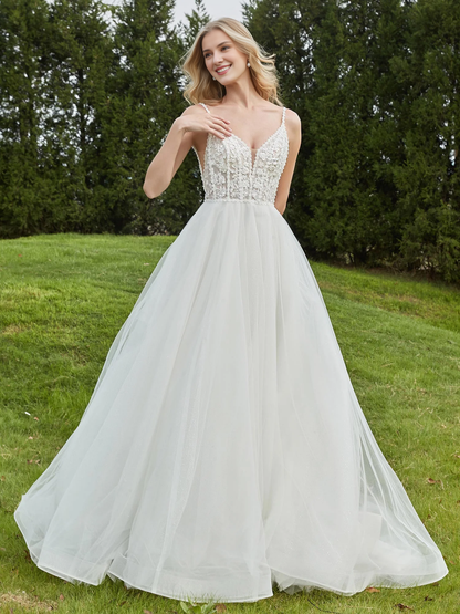 Thin shoulder strap pleated backless A-line bridal gown