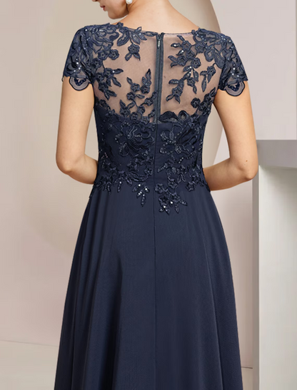 A-Line Mother of the Bride Dress Formal Wedding Guest Elegant High Low Scoop Neck Asymmetrical Chiffon Lace Short Sleeve with Sequin Appliques