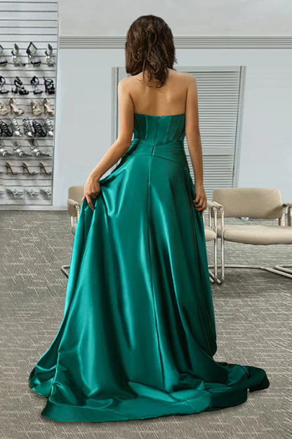 A-Line slit strapless satin Sweet Train Prom dress