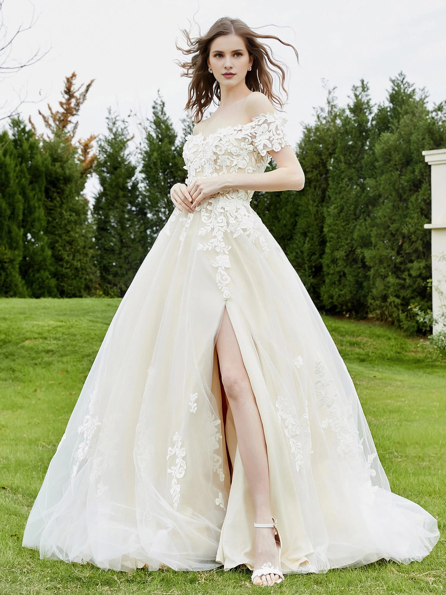 Shoulderless slit A-line wedding dress