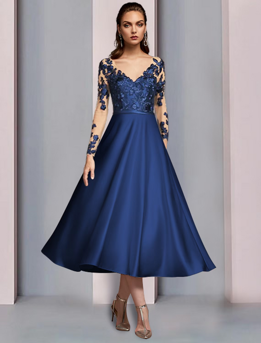 A-Line Mother of the Bride Dress Wedding Guest Elegant V Neck Satin Lace Long Sleeve with Appliques