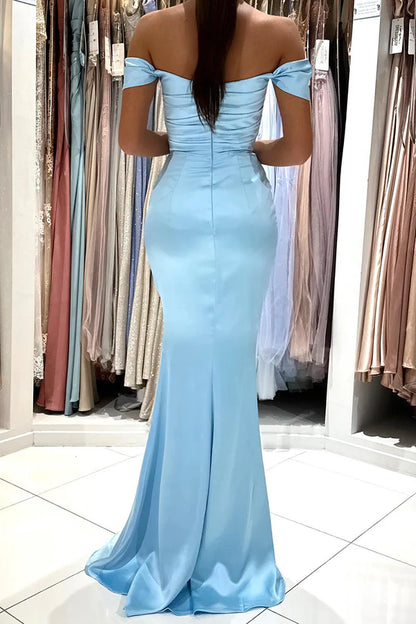 Shoulderless satin pleated side slit long formal dress Prom dress