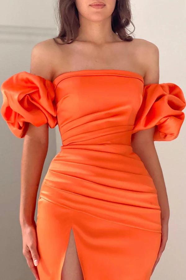 Strapless satin pleated side slit long Prom dress