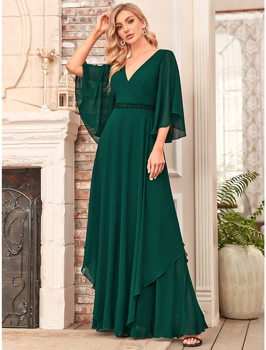 A-Line Mother of the Bride Dress Elegant V Neck Floor Length Chiffon Half Sleeve with Sash Ribbon