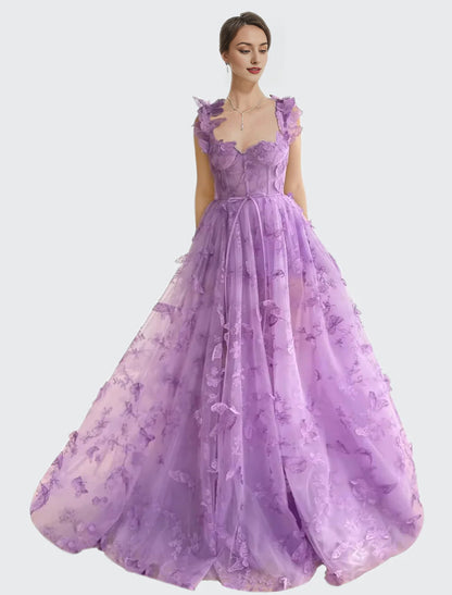 Long Tulle Prom Dress 3D Butterflies Dress Ball Gown Evening Party Wedding Guest Formal Dress Slit