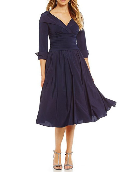 A-Line Mother of the Bride Dress Plus Size Elegant V Neck Tea Length Chiffon Half Sleeve with Appliques