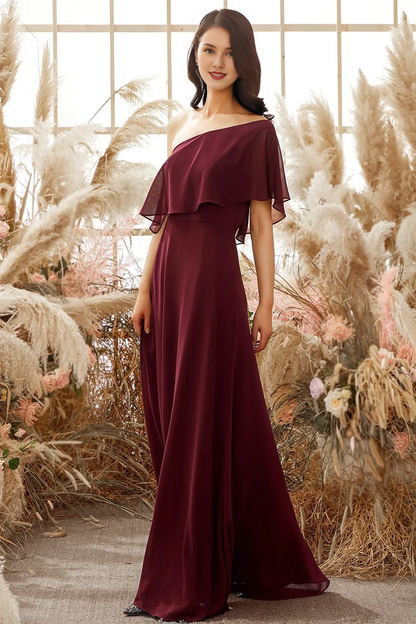 One shoulder burgundy chiffon bridesmaid dress