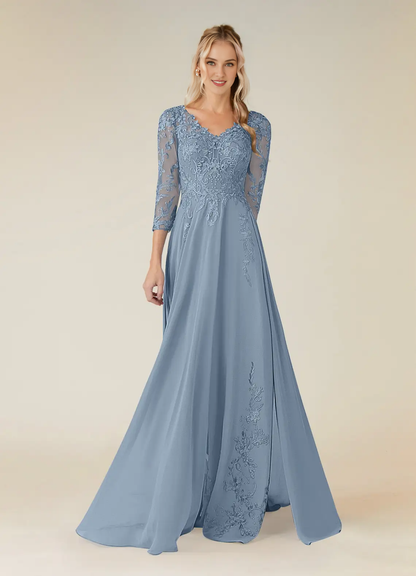 A-line V-neck lace chiffon and floor length mother of the bride dress