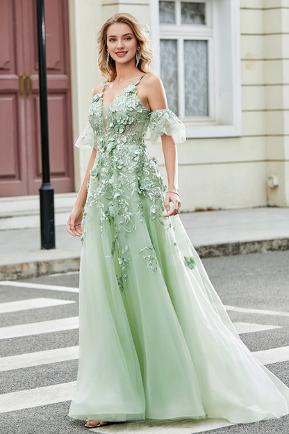 A-line thin shoulder strap tight corset with embroidered sage ball dress