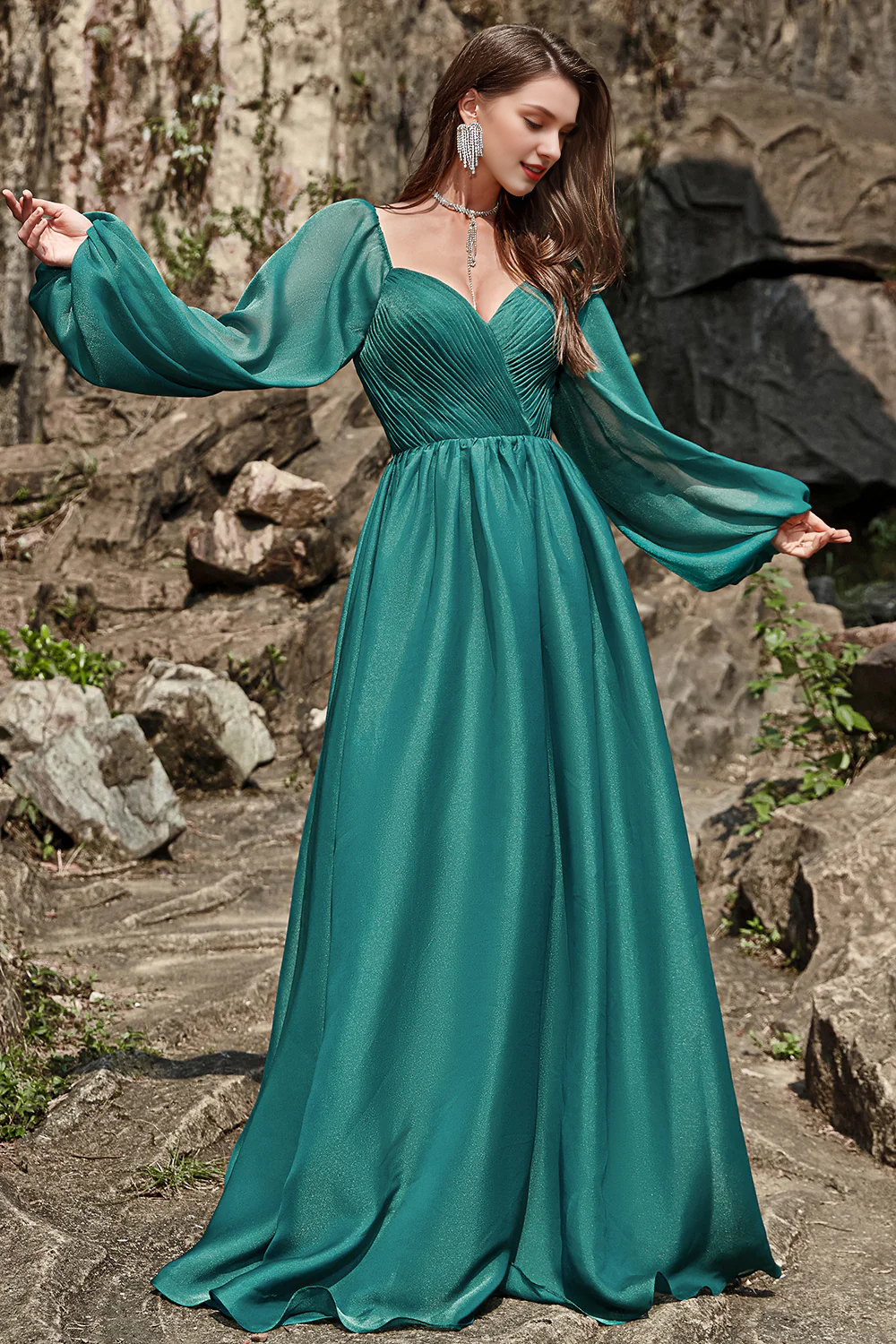 Green ruffled A-line off shoulder long sleeved bridesmaid dress