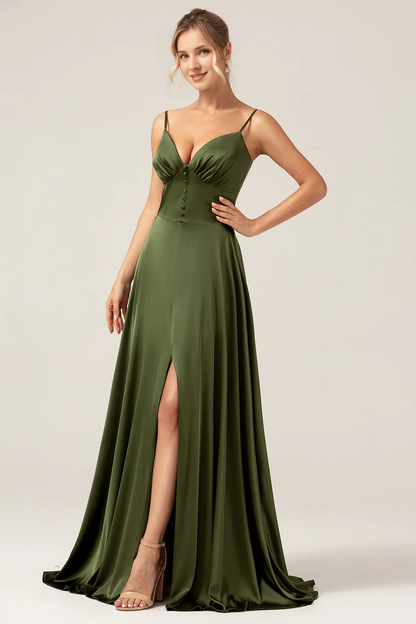 Olive A-line slim shoulder strap slit long bridesmaid dress