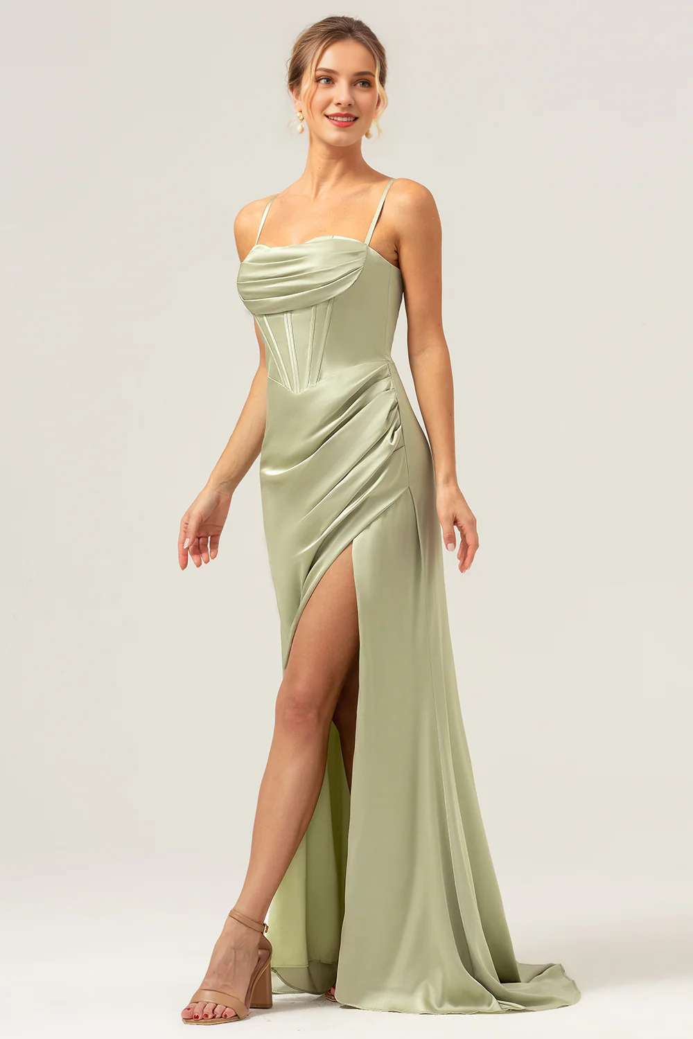 Sage tail collar pleated tight corset long slit satin bridesmaid dress