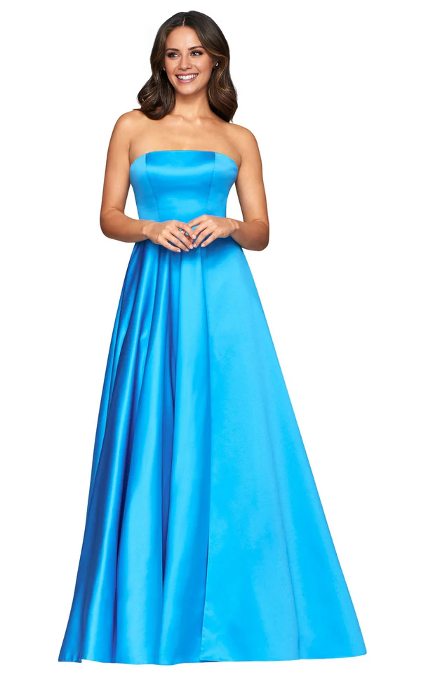 Satin A-line strapless collar with high slit and floor length for evening dress