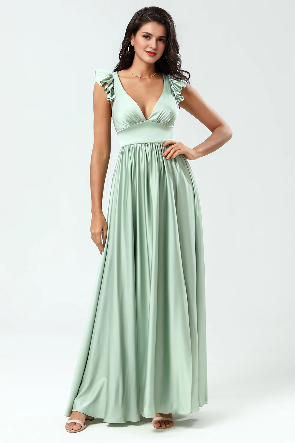 Backless deep V-neck A-line ruffled green split bridesmaid dress