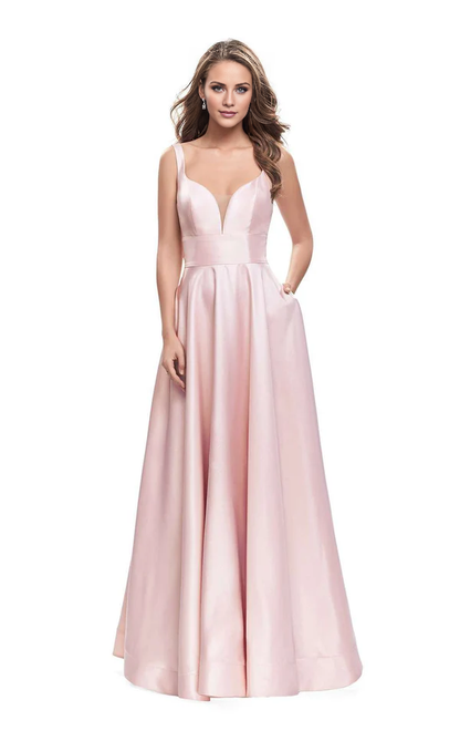 V-neck cross back satin long thin shoulder strap and floor length evening gown