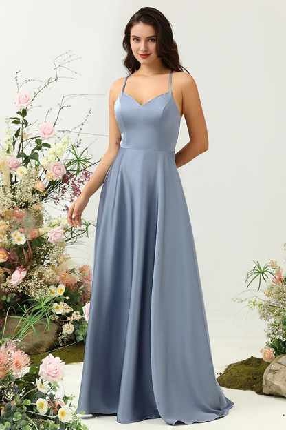 Grey blue A-line thin shoulder strap bright satin ruffled bridesmaid dress