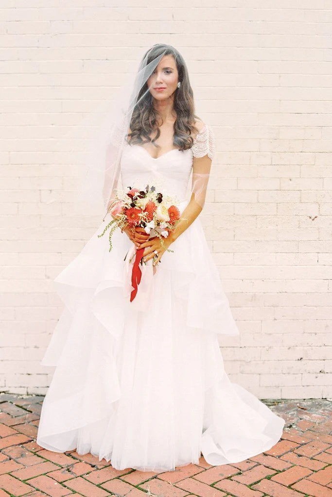 A-Line Short Sleeve Long Ivory Tulle Sweetheart Beaded Cute Backless Wedding Dresses