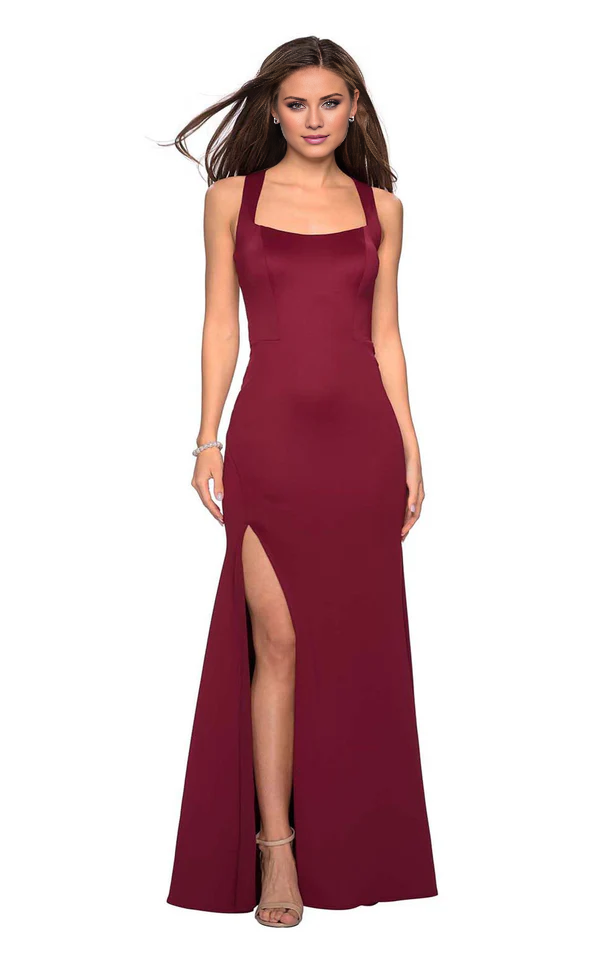 Square neck and thigh high slit tight and floor length evening gown