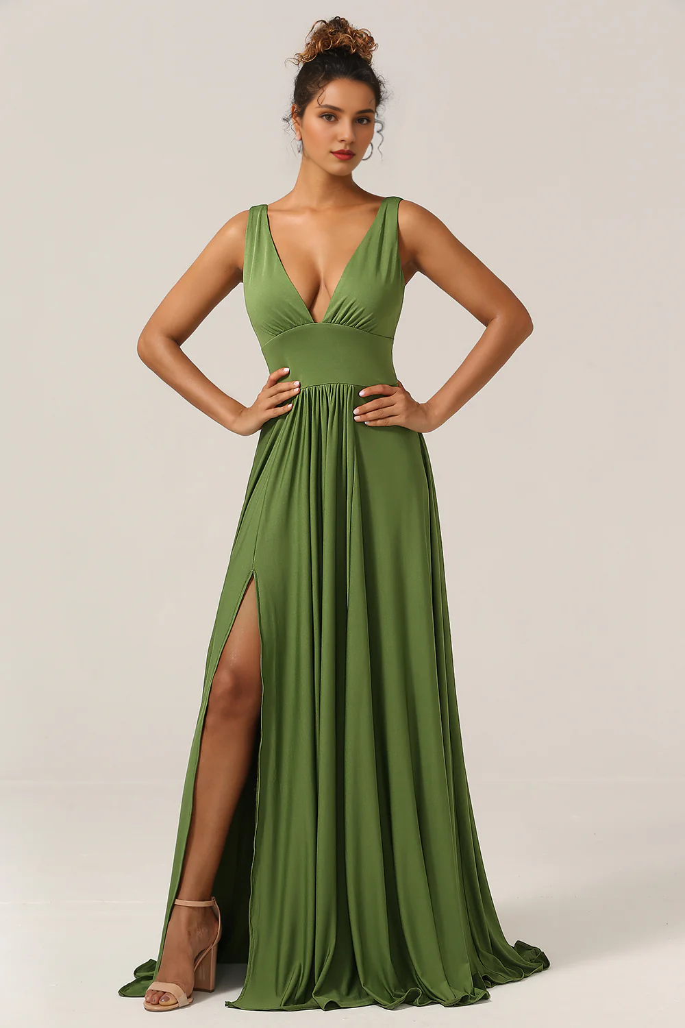 Olive A-line deep V-neck spandex and floor length slit bridesmaid dress