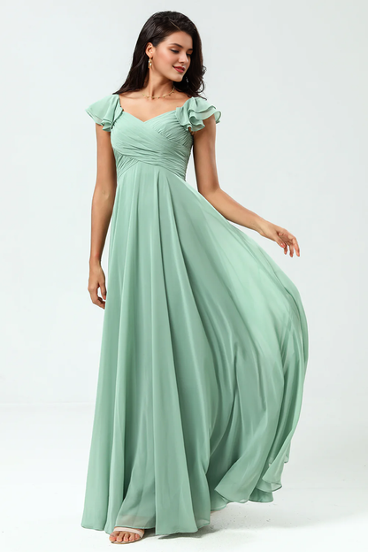 Lace up back cross A-line chiffon green ruffled bridesmaid dress