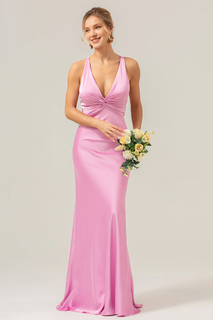 Pink fish tail deep V-neck pleated long bridesmaid dress