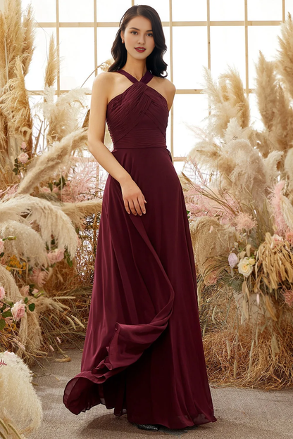 Wine red neck hanging chiffon bridesmaid dress