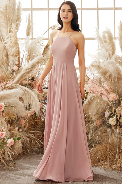 Grey pink chiffon thin shoulder strap backless bridesmaid dress