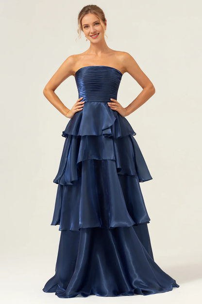 Deep Sea Army Blue A-line strapless layered pleated ruffle hem and floor length bridesmaid dress