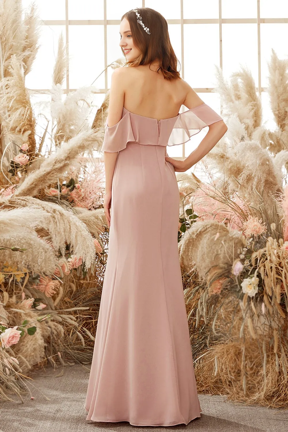 Elegant off shoulder chiffon strapless bridesmaid dress