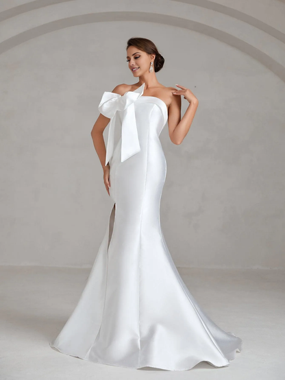 Mermaid bow decoration satin strapless side slit and floor length wedding dress