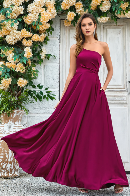 Wine red A-line shoulder to floor length satin bridesmaid dress