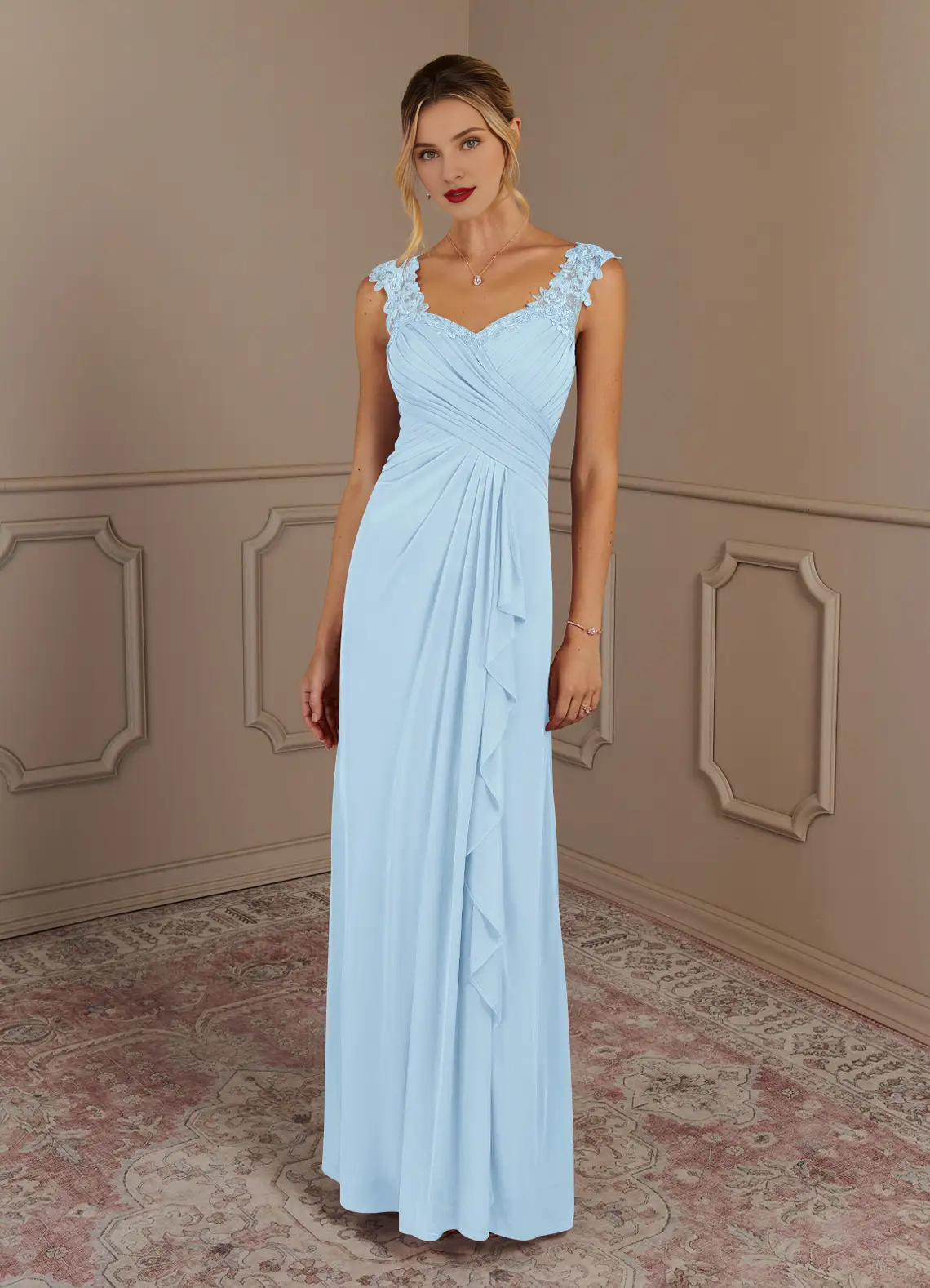 A-shaped heart-shaped collar pleated mesh fabric and floor length mother of bride dress