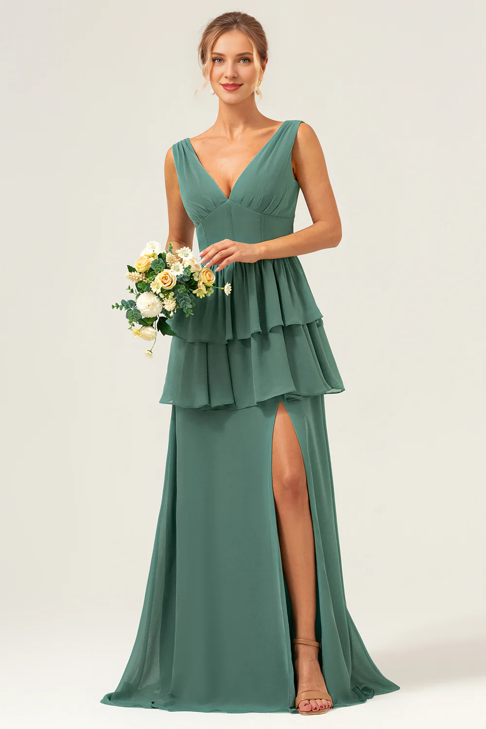 Eucalyptus A-line V-neck layered long ruffled bridesmaid dress