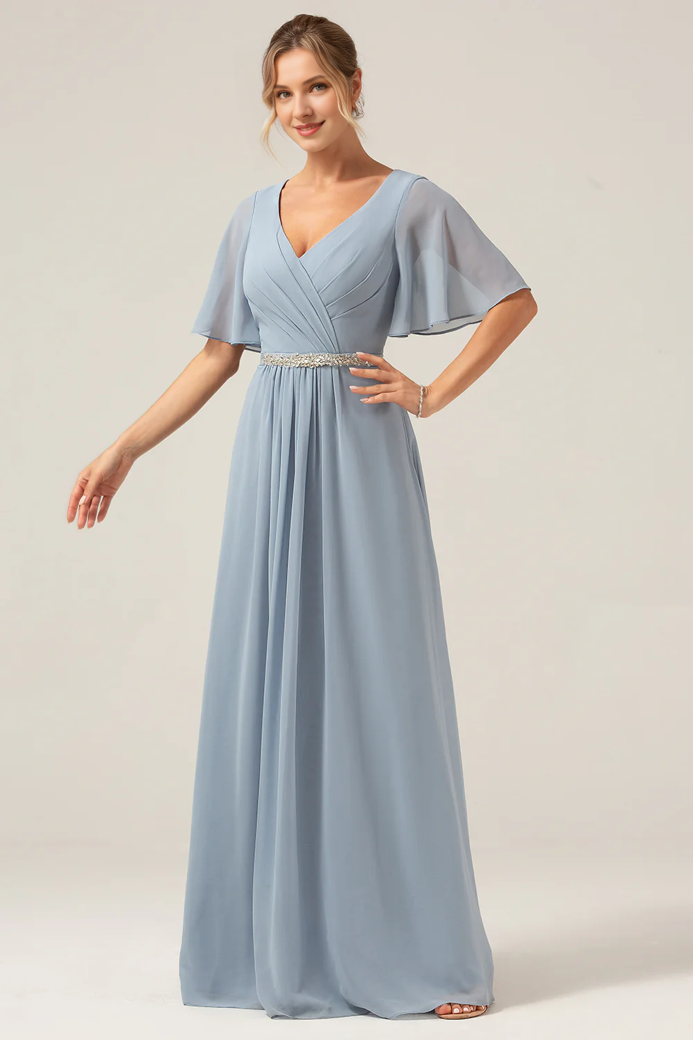 Grey blue A-line V-neck chiffon short sleeved and floor length bridesmaid dress