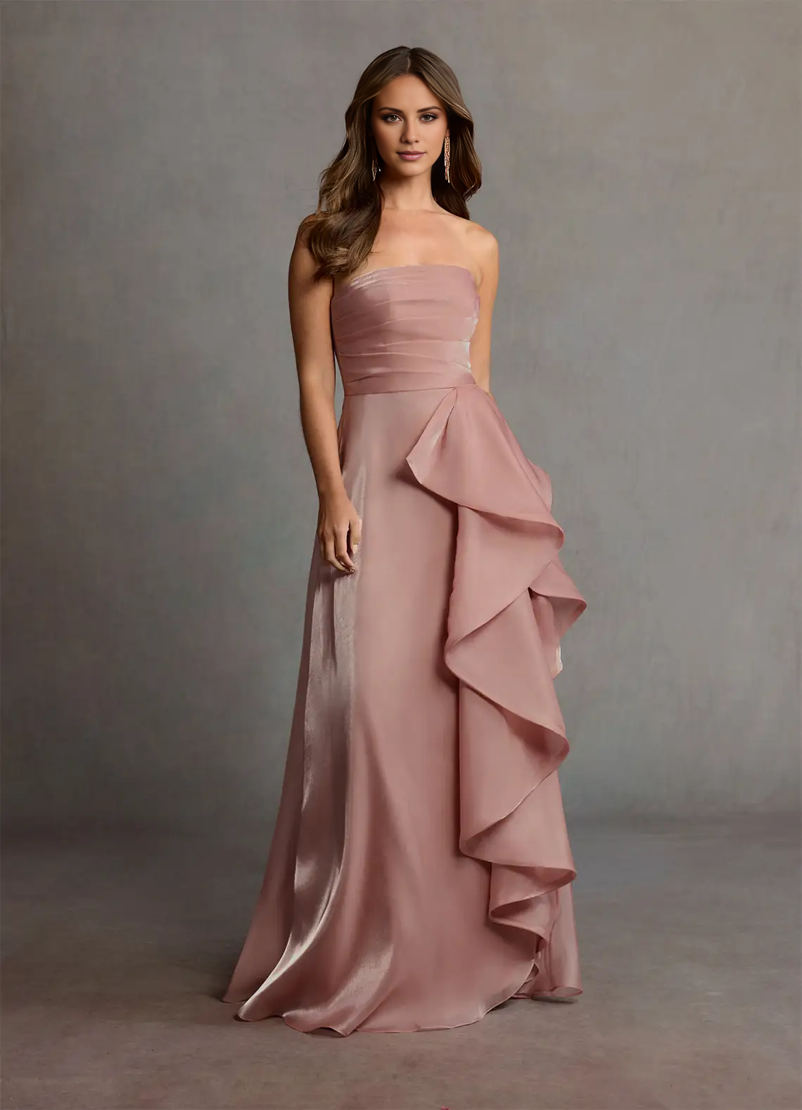 Strapless satin chiffon ruffles and floor length evening gowns